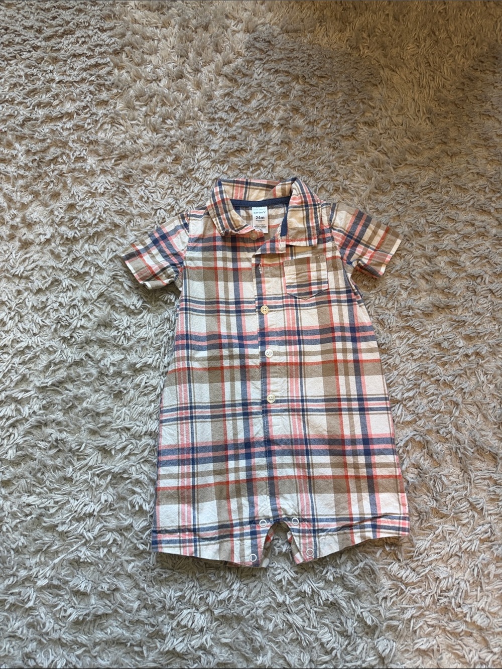 Carter's Plaid Short-Sleeve Romper in Beige, Navy, and Rust